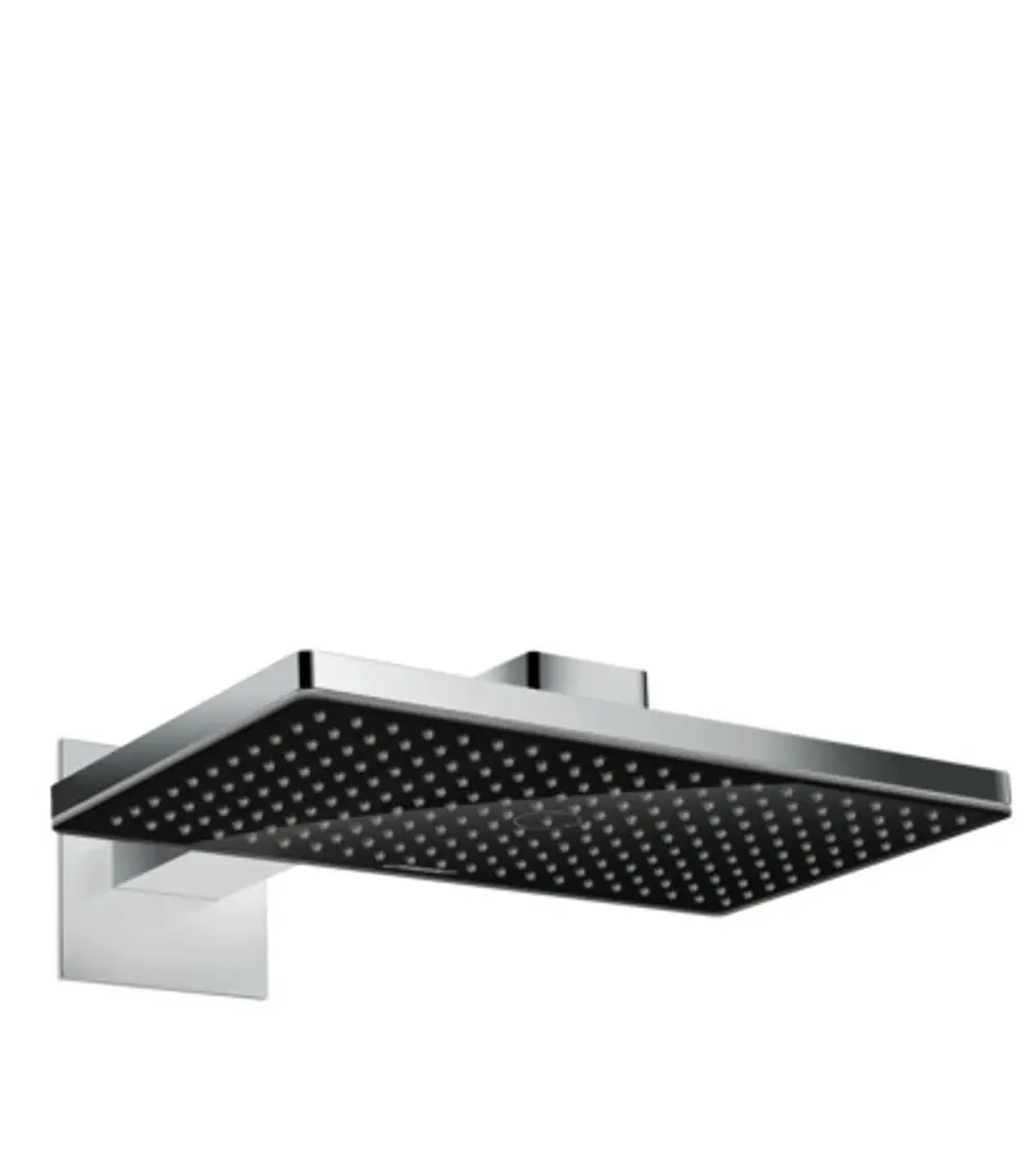 Schwarze Kopfbrause mit chromfarbenem Brausearm, ausgestattet mit Düsen zur Wasserverteilung. Produkt von Hansgrohe, an Wand montiert.